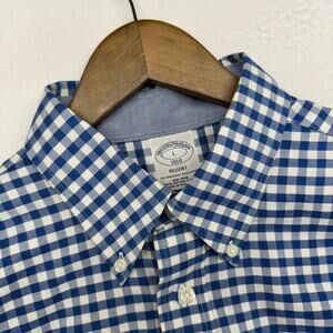 Brooks Brothers Shirt Men's large Blue White Gingham Oxford Thick Regent Picnic